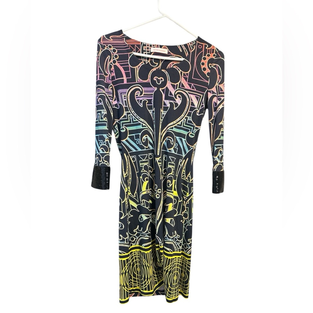 Matthew Williamson 100% Silk Multicolor Print Dress w/ Beaded Cuffs – Size 10